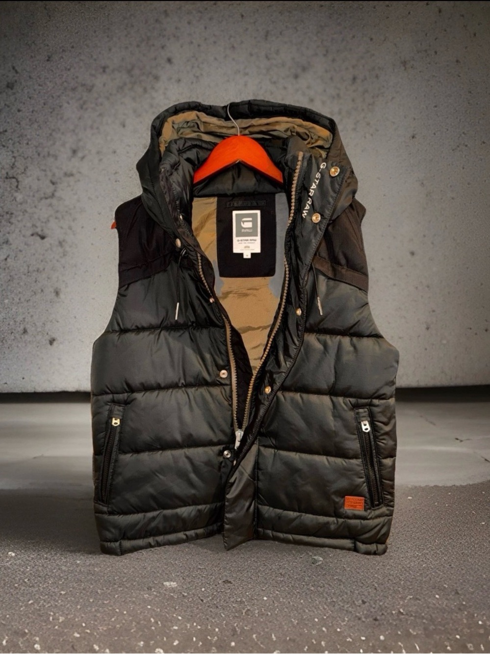 G-Star Black Quilted Hooded Puffer Vest with Tan Interior